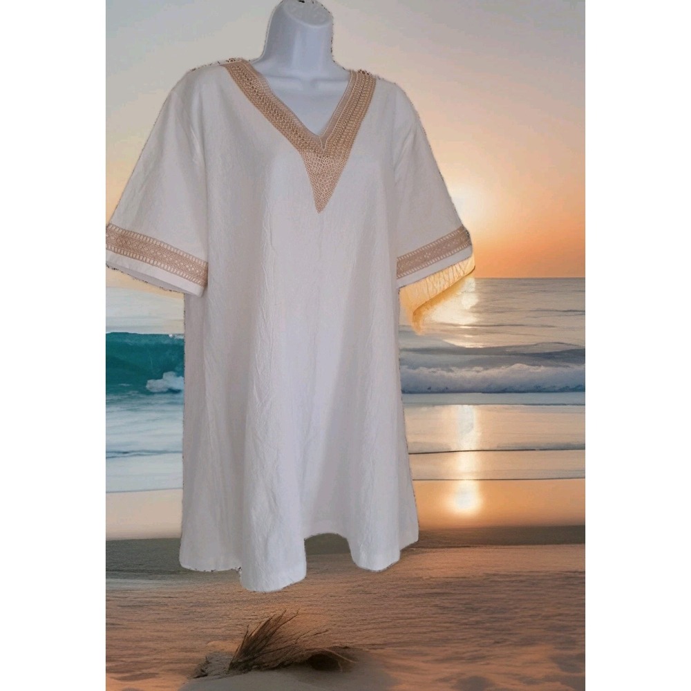 Summer Shift Popover Beach Cover Up 2XL Ivory Beige Crochet Trim V-neck Casual